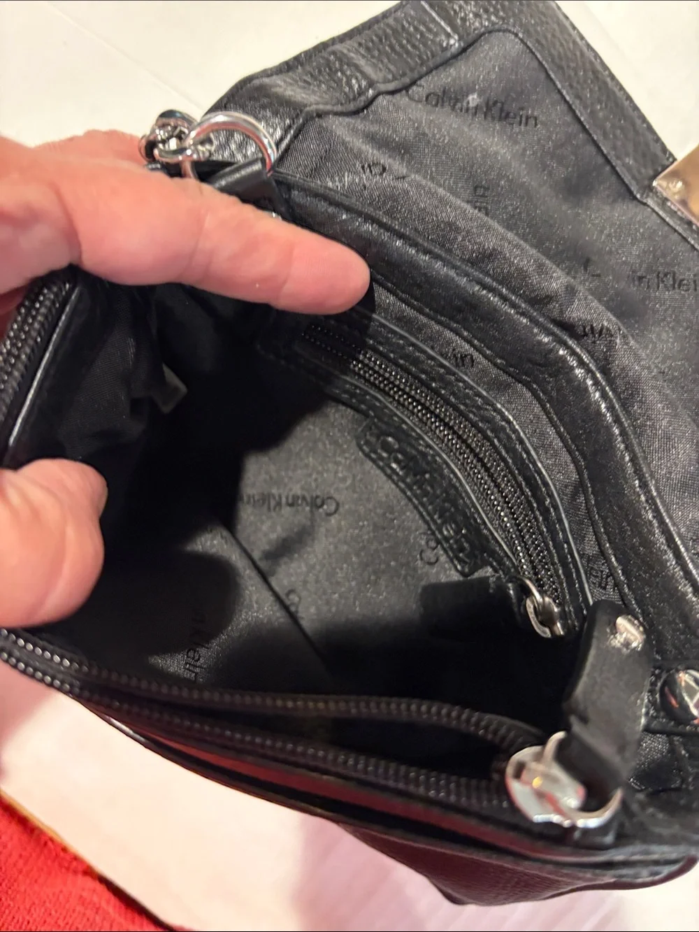 Calvin Klein Black Pebbled Leather Shoulder Bag with Rhinestone Lock